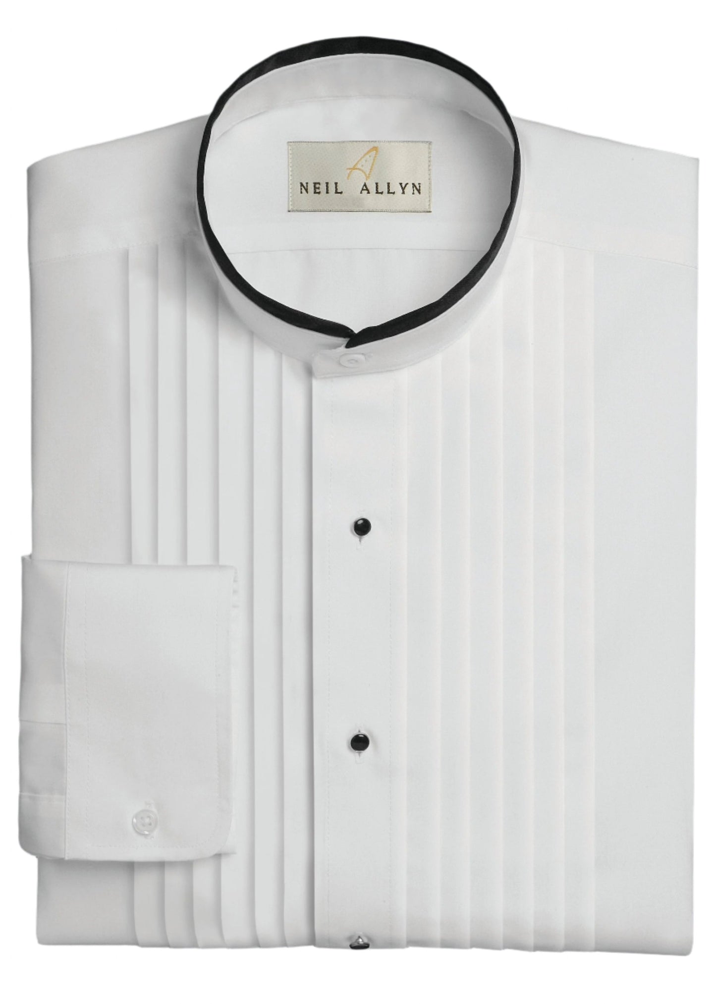 Photo depicts a Neil Allyn Banded collar tuxedo shirt with 1/4" pleats and a stud front. The barrel cuff is folded over the folded white shirt that has black trim on the collar.