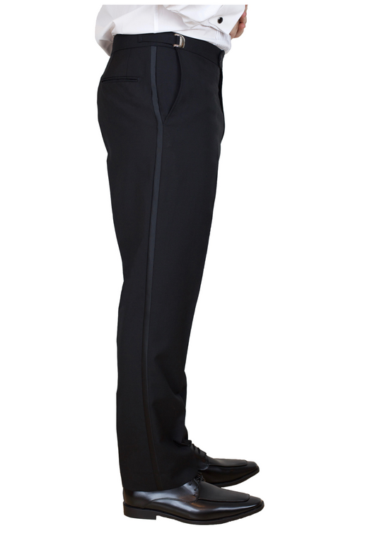 (Used) Sir Gregory Men's Fitted Flat Front Wool Tuxedo Pants Formal Satin Stripe Trousers with Adjustable Waistband