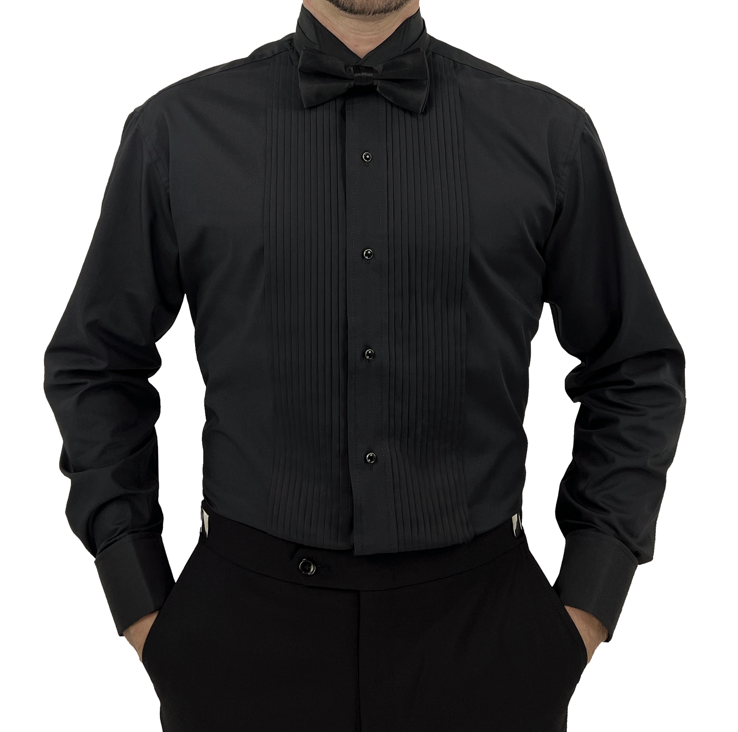 Sir Gregory Men's Fitted Black Tuxedo Shirt with Wing Collar French Cuffs and 1/4 Inch Pleat