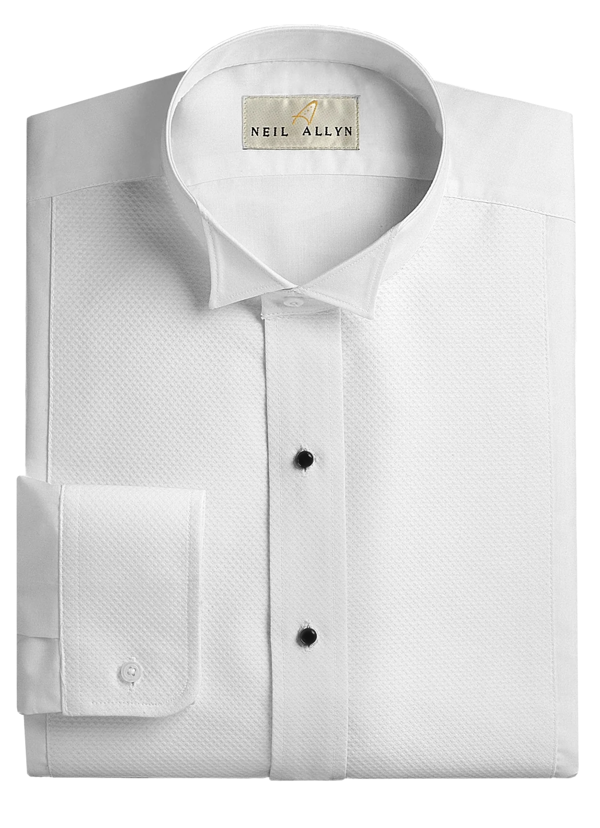 A folded white long-sleeve dress shirt with a subtle textured pattern, featuring a pointed collar, a button-down front, and a single-button cuff. The brand label 'NEIL ALLYN' is visible inside the collar.