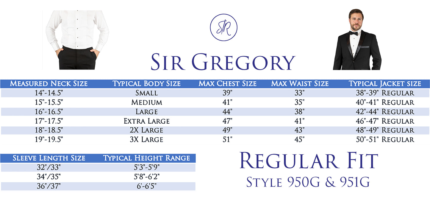 Sir Gregory Men's Regular Fit Tuxedo Shirt 100% Cotton Wing Collar French Cuff 1/4 Inch Pleat