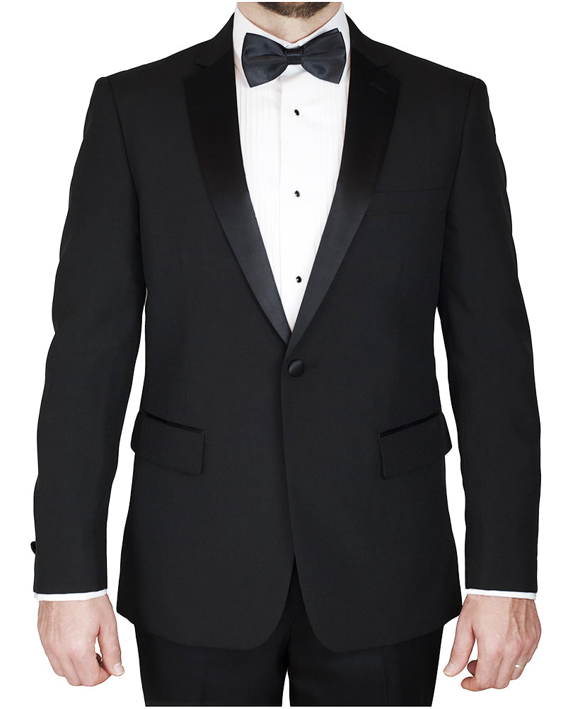 Black tuxedo with white shirt and black bow tie on a white background