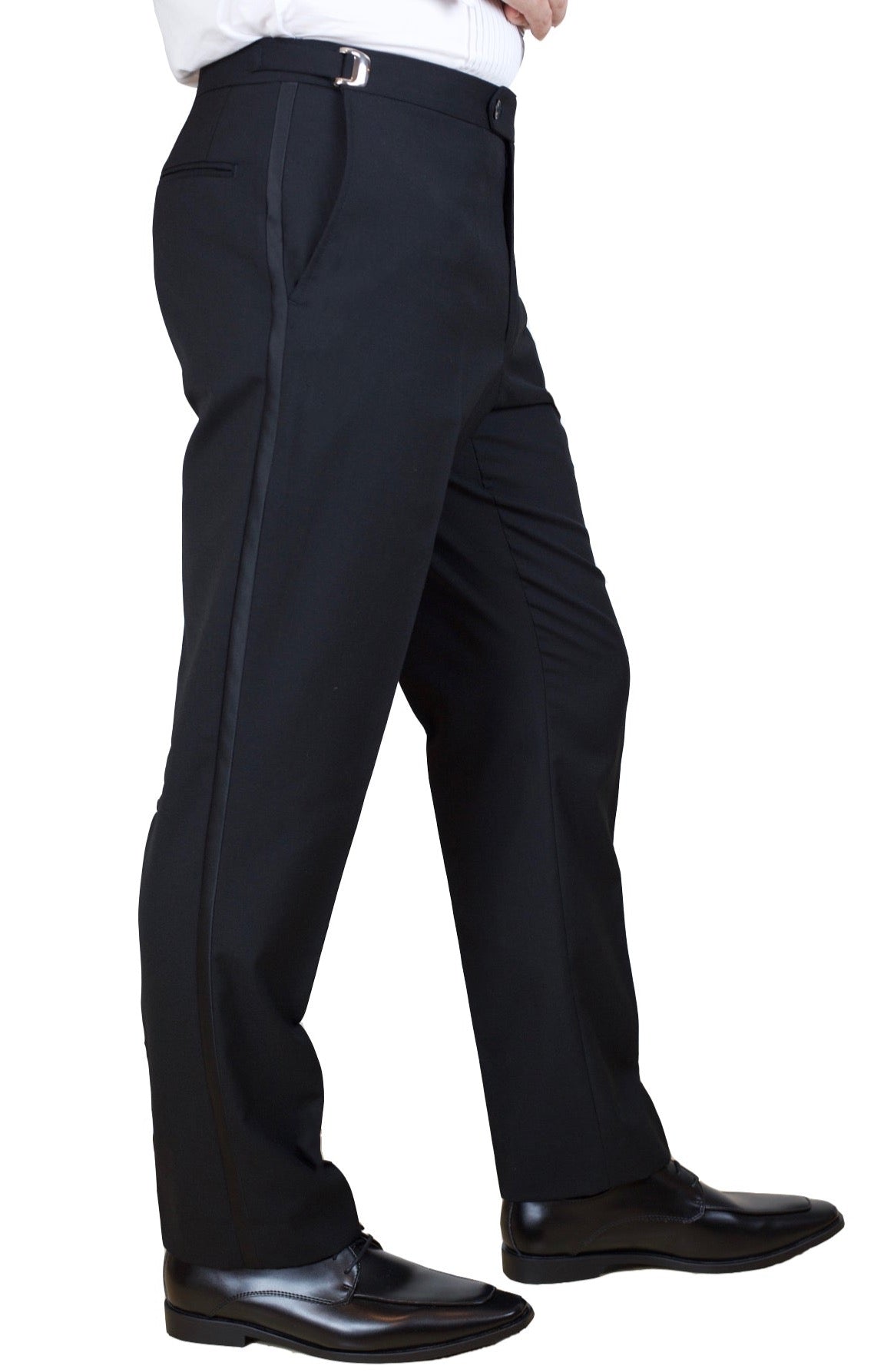 (Used) Sir Gregory Men's Fitted Flat Front Wool Tuxedo Pants Formal Satin Stripe Trousers with Adjustable Waistband
