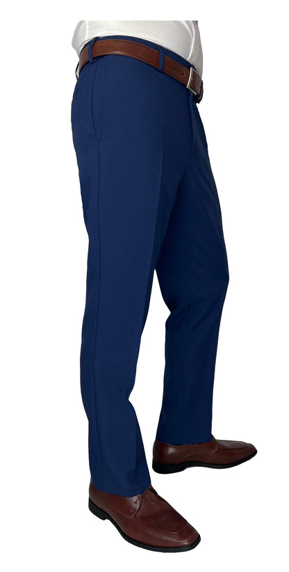 Sir Gregory Men's Fitted Flat Front Dress Pants in Bright Blue with Expandable Waistband