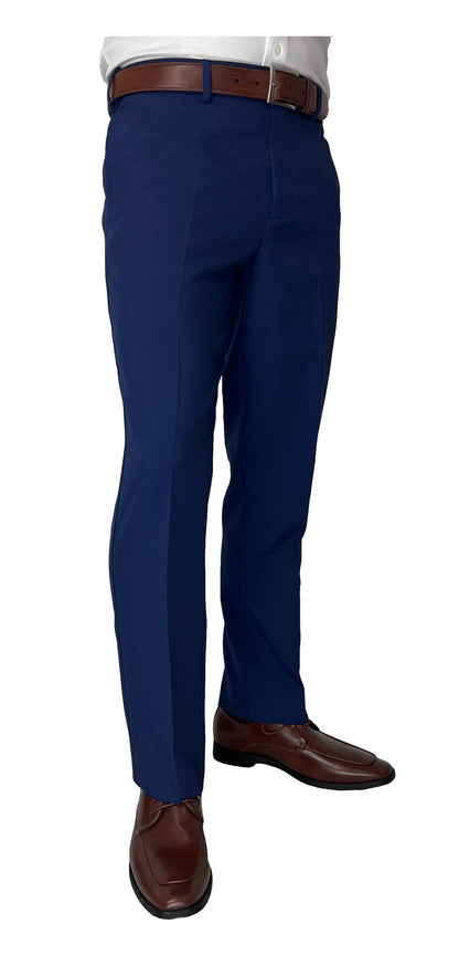 Sir Gregory Men's Fitted Flat Front Dress Pants in Bright Blue with Expandable Waistband