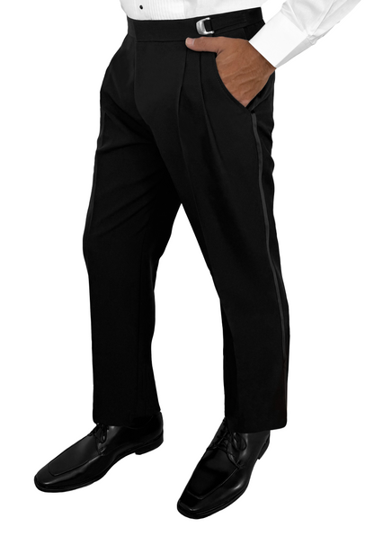Black pleated dress pants with a side stripe detail, modeled with a white dress shirt and black dress shoes against a white background.