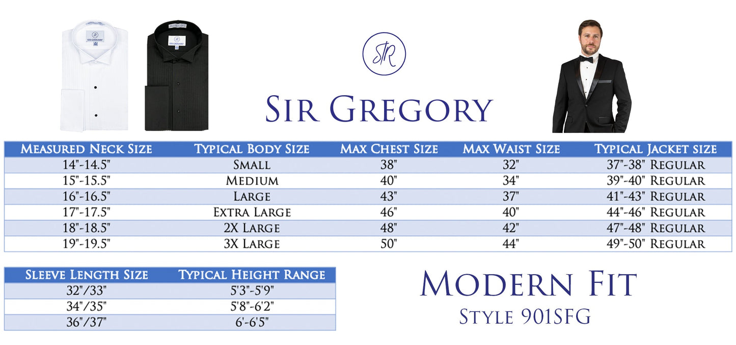 Sir Gregory Men's Fitted Black Tuxedo Shirt with Wing Collar French Cuffs and 1/4 Inch Pleat
