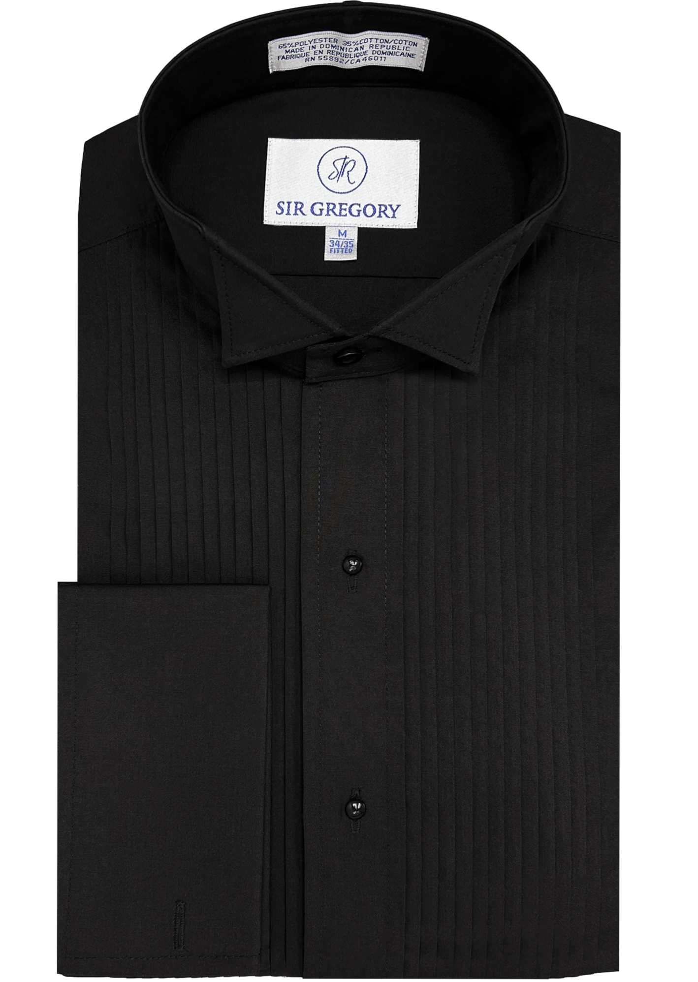 Sir Gregory Men's Fitted Black Tuxedo Shirt with Wing Collar French Cuffs and 1/4 Inch Pleat
