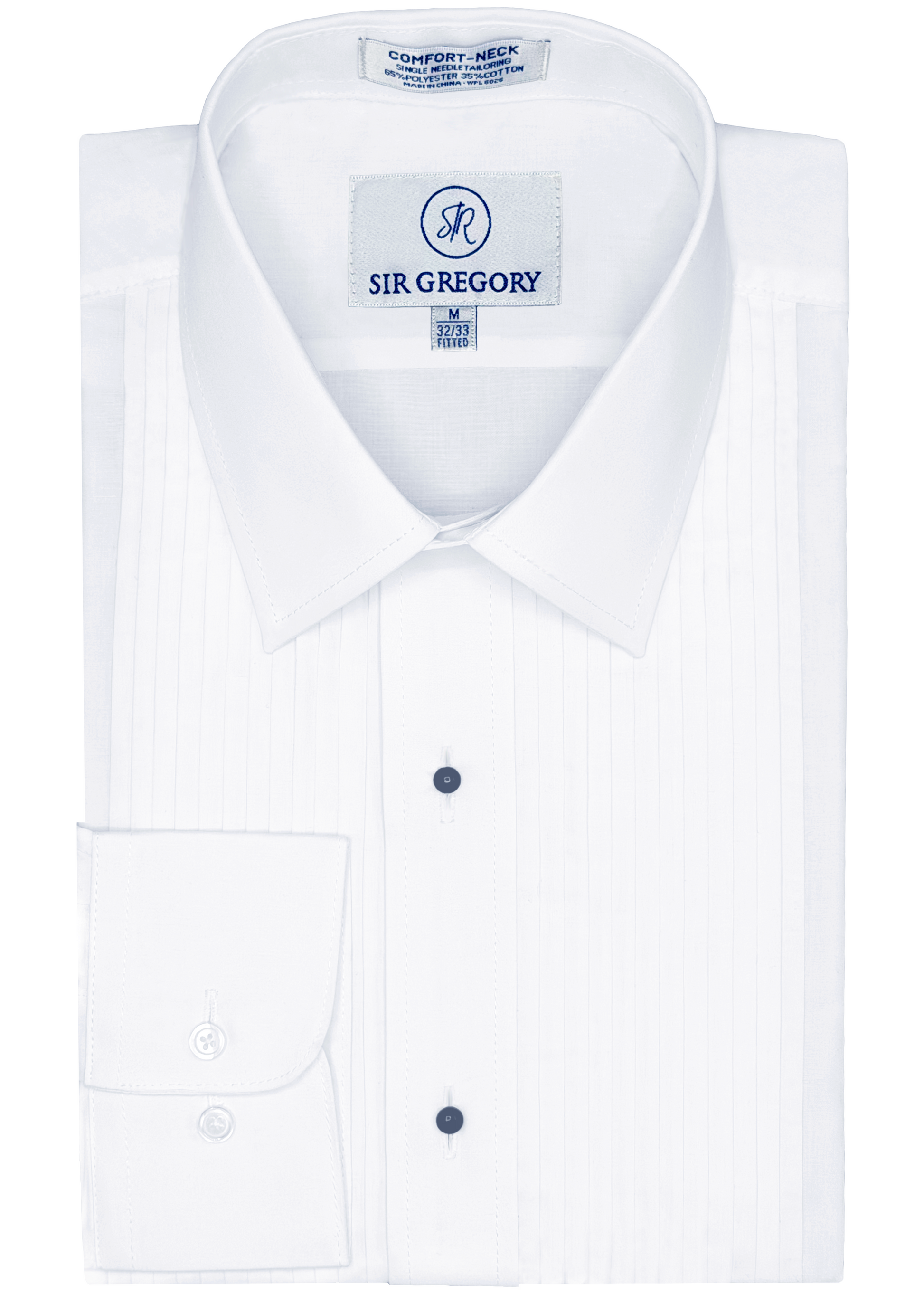 White pleated folded tuxedo shirt with Sir Gregory Label size M 32/33 fitted