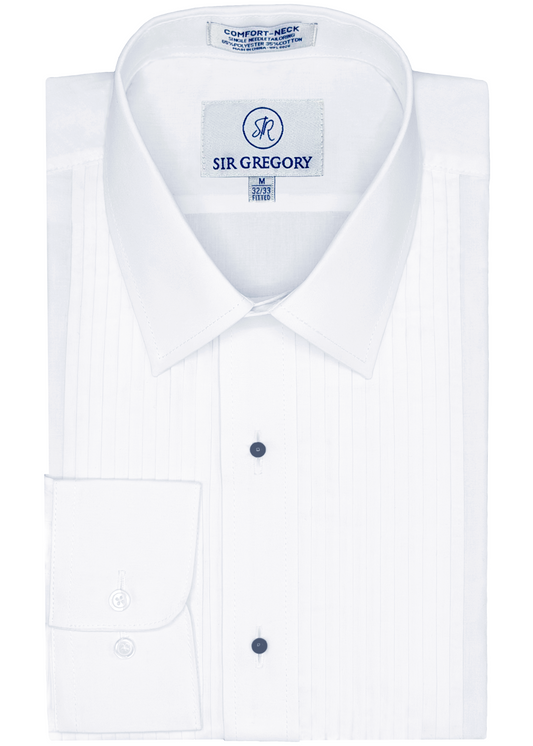 White pleated folded tuxedo shirt with Sir Gregory Label size M 32/33 fitted