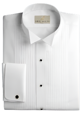 White wing collar tuxedo shirt with French cuffs, cufflinks, studs and a visible Neil Allyn brand label on a white background