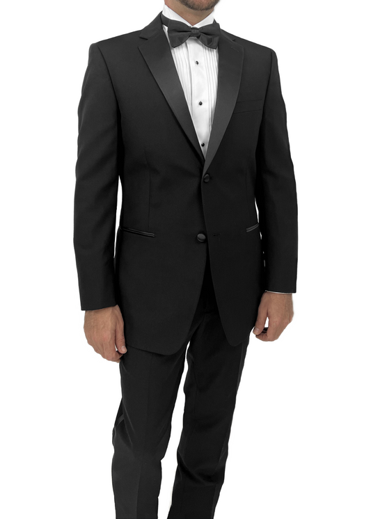 Modeled two-button tuxedo with a white tuxedo shirt and bow tie