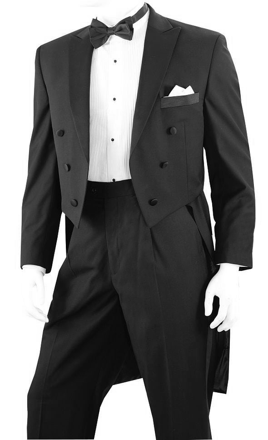 A two piece tuxedo with tails, a double breasted six-button jacket with a peak lapel, besom pocket, and single pleated tuxedo pants.