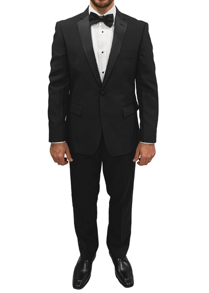 Black tuxedo with a white shirt and black bow tie on a white background
