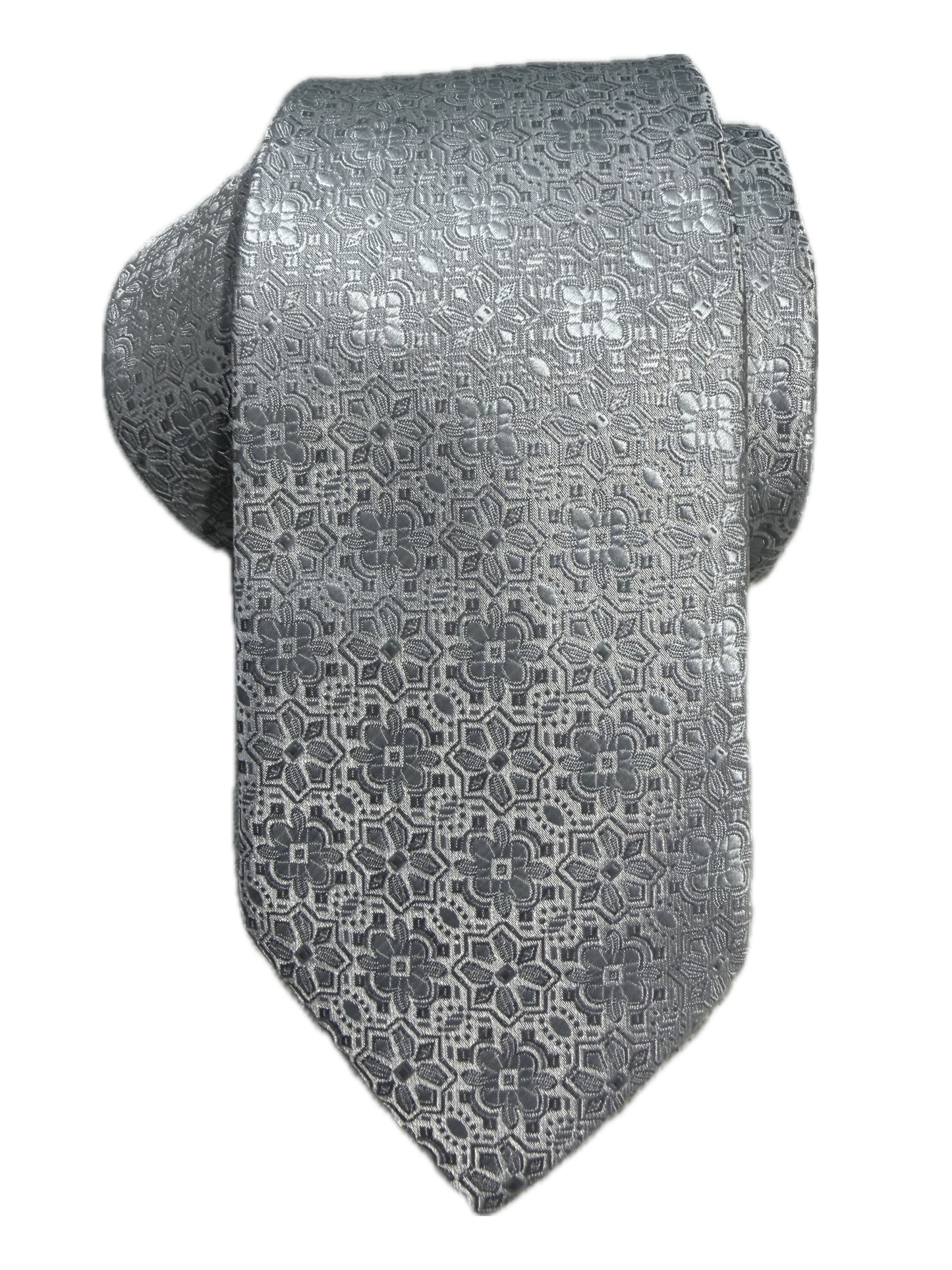 A rolled silver floral medallion-patterned tie on a white background