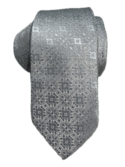 A rolled silver floral medallion-patterned tie on a white background