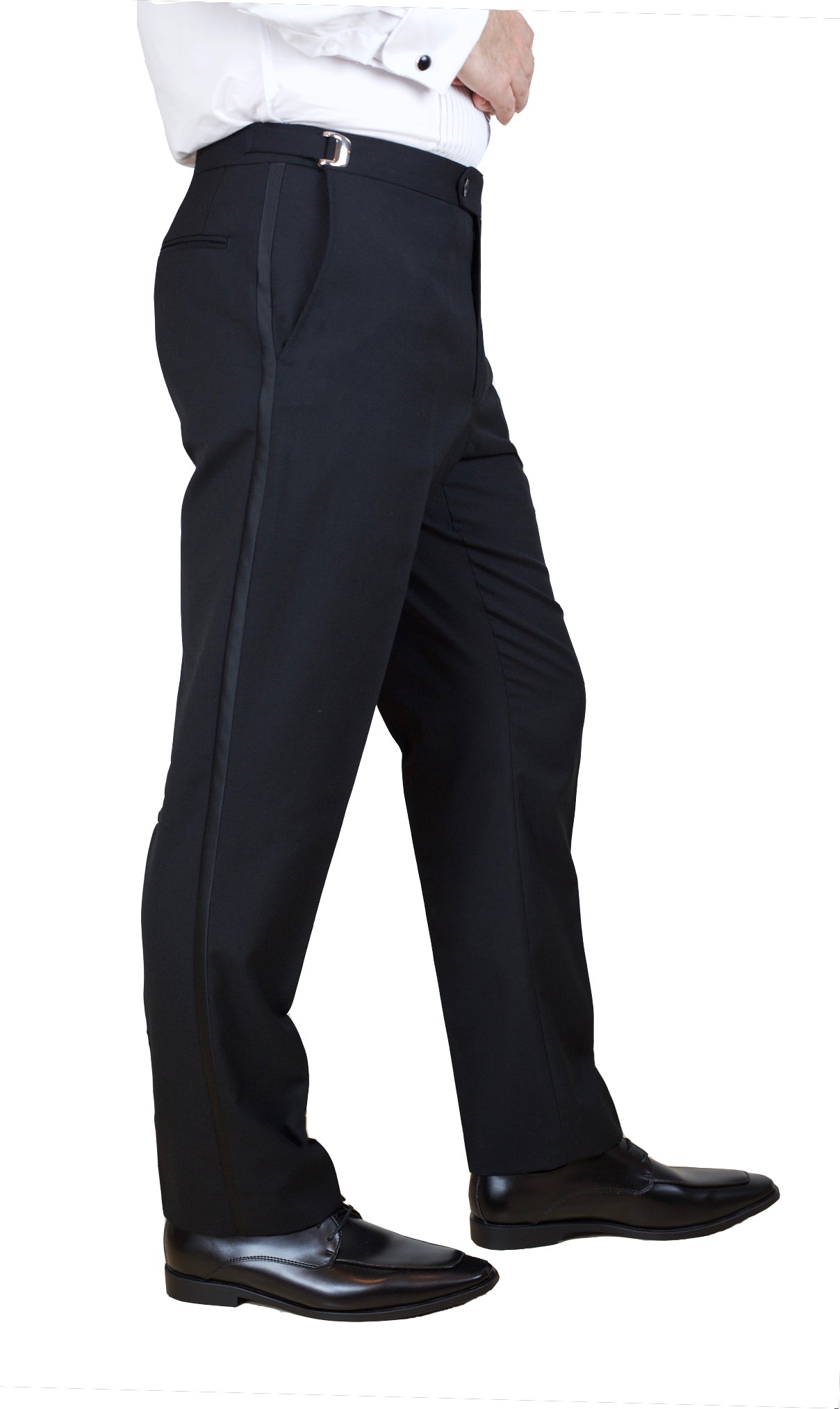 Sir Gregory Men's Fitted Flat Front Wool Tuxedo Pants Formal Satin Stripe Trousers with Adjustable Waistband