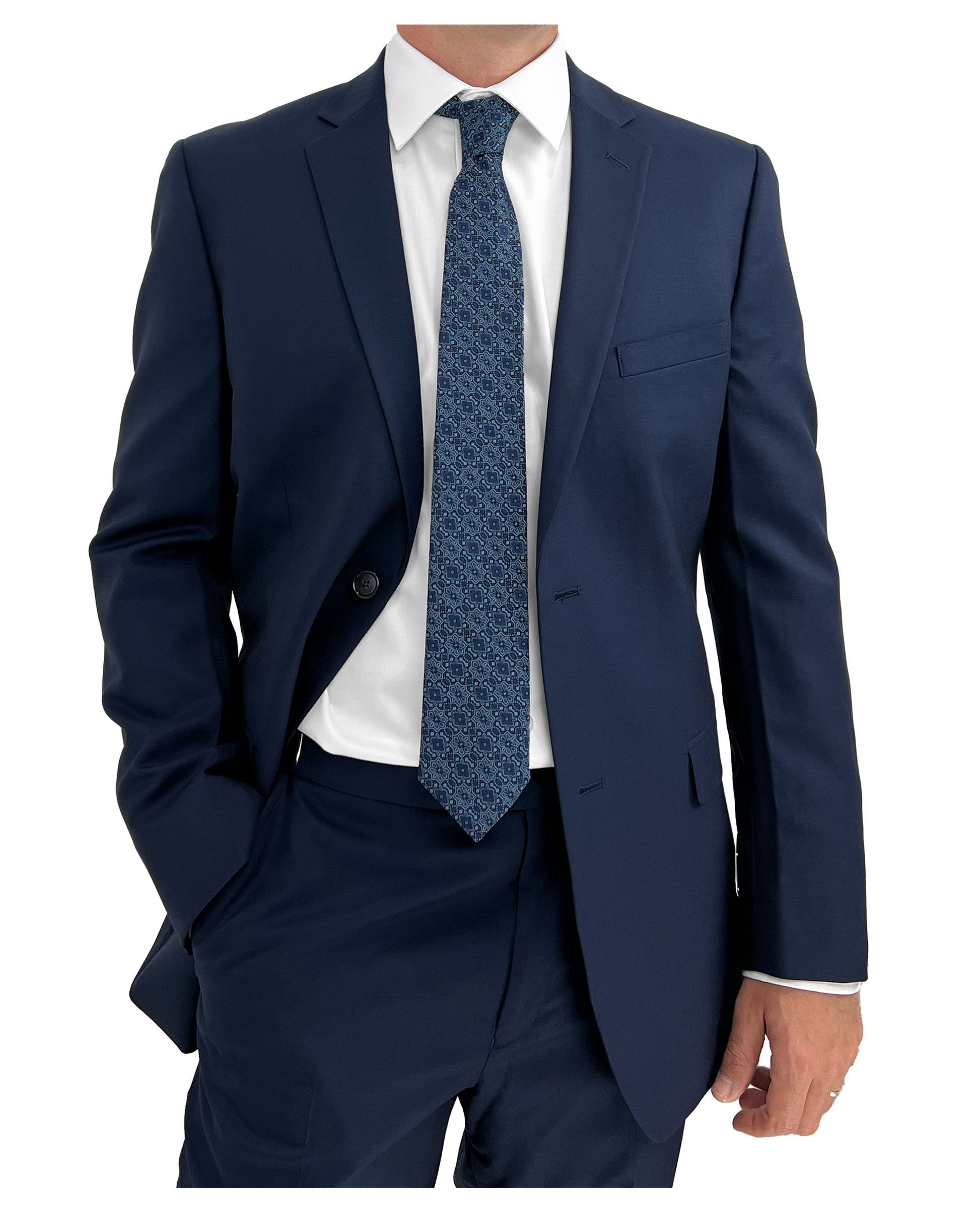 A modeled blue suit with a navy blue tie on a white background