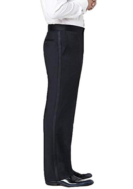 Model wearing satin stripe black tuxedo pants designed by Neil Allyn